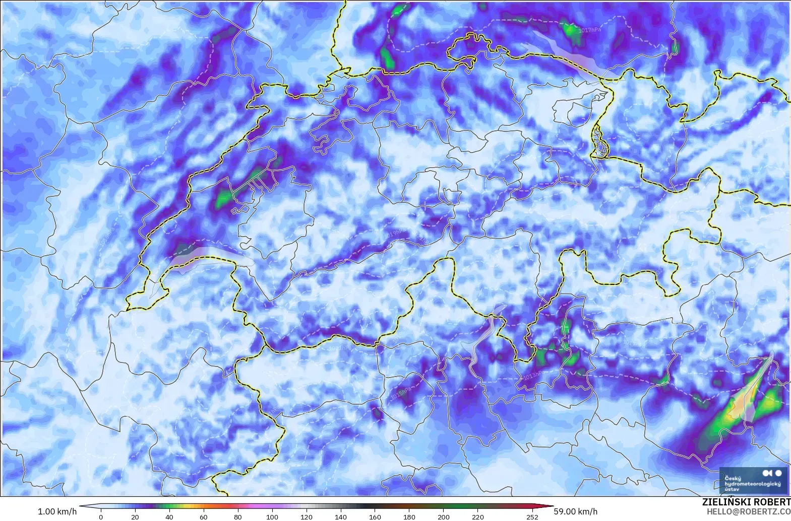 ALADIN CZ 2.3 km modelo - Suiza, Ráfagas de Viento Máximas