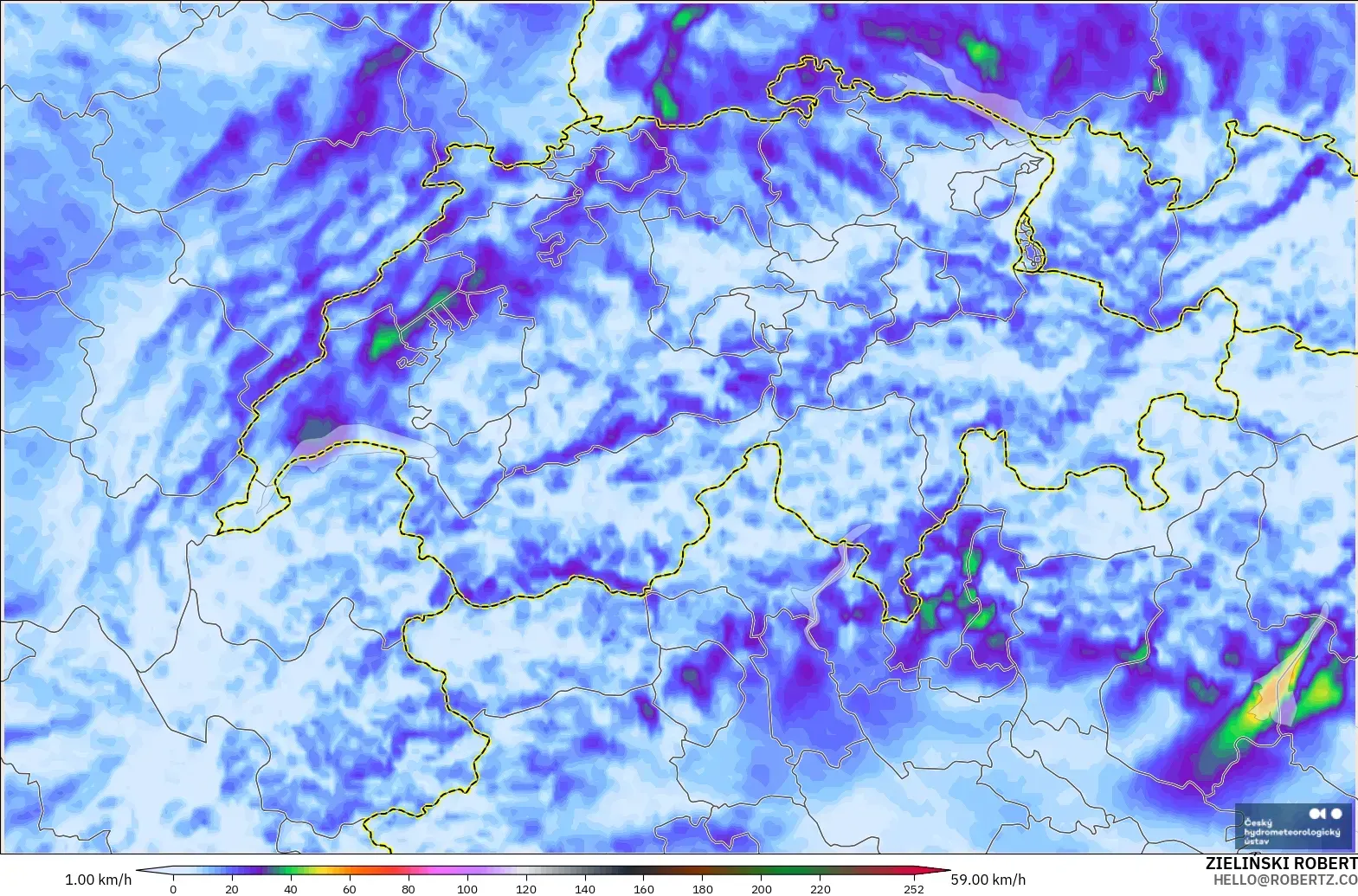ALADIN CZ 2.3 km modelo - Suiza, Ráfagas de viento