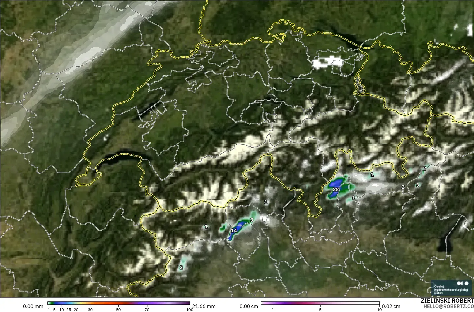 ALADIN CZ 2.3 km modelo - Suiza, Precipitación, nubes y presión