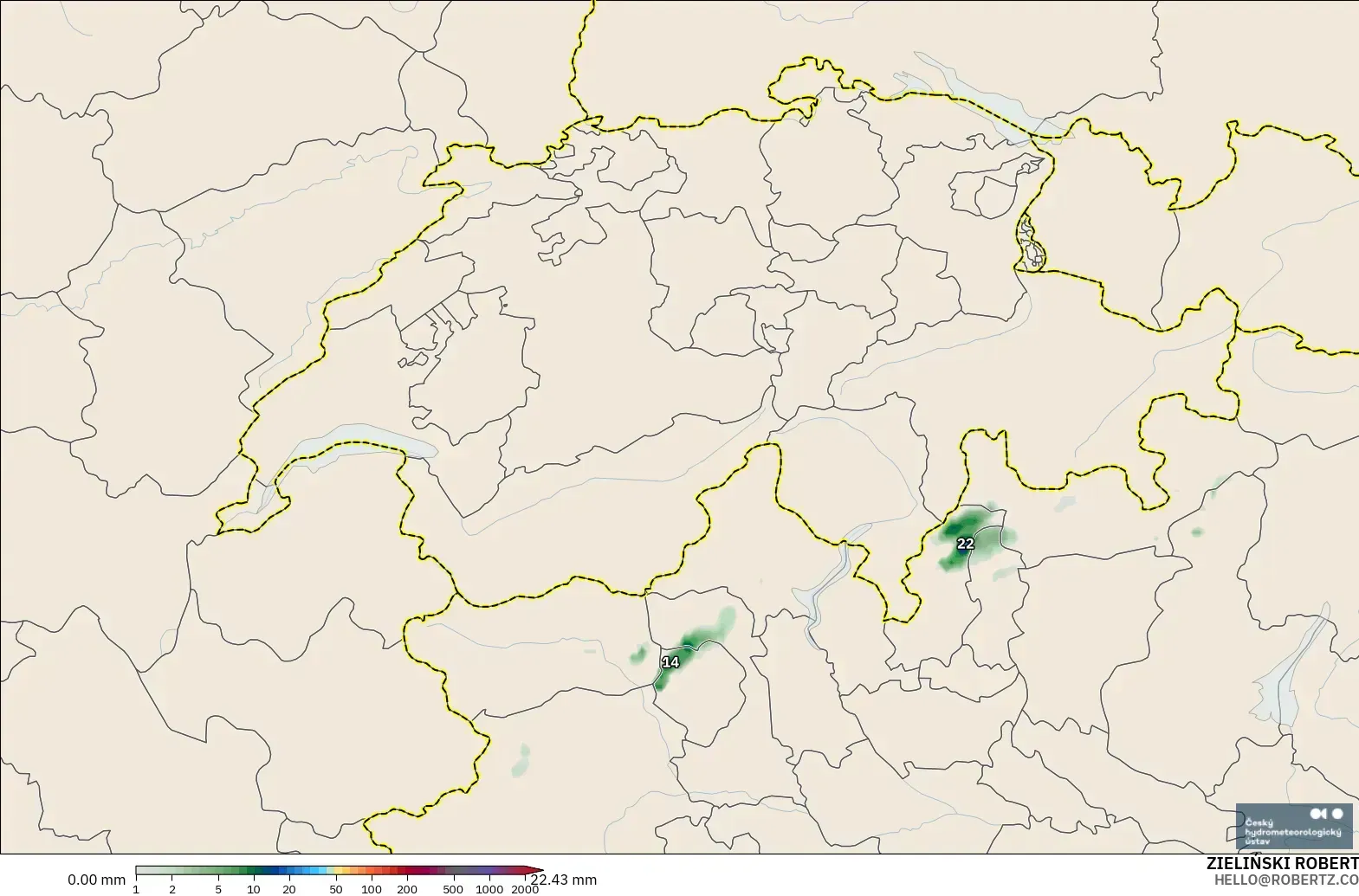ALADIN CZ 2.3 km modelo - Suiza, Acumulación de precipitación