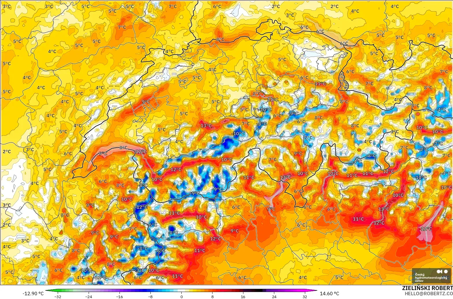 ALADIN CZ 2.3 km modelo - Suiza, Anomalía de temperatura a 2 m