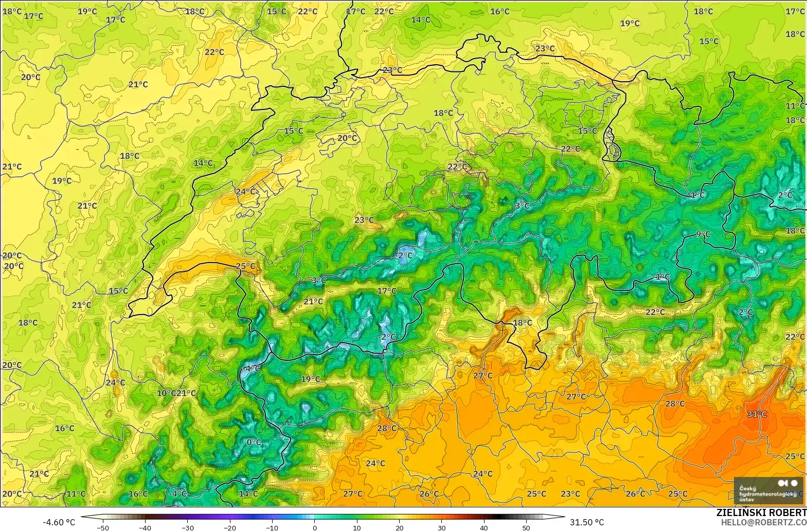 ALADIN CZ 2.3 km modelo - Suiza, Temperatura a 2 m