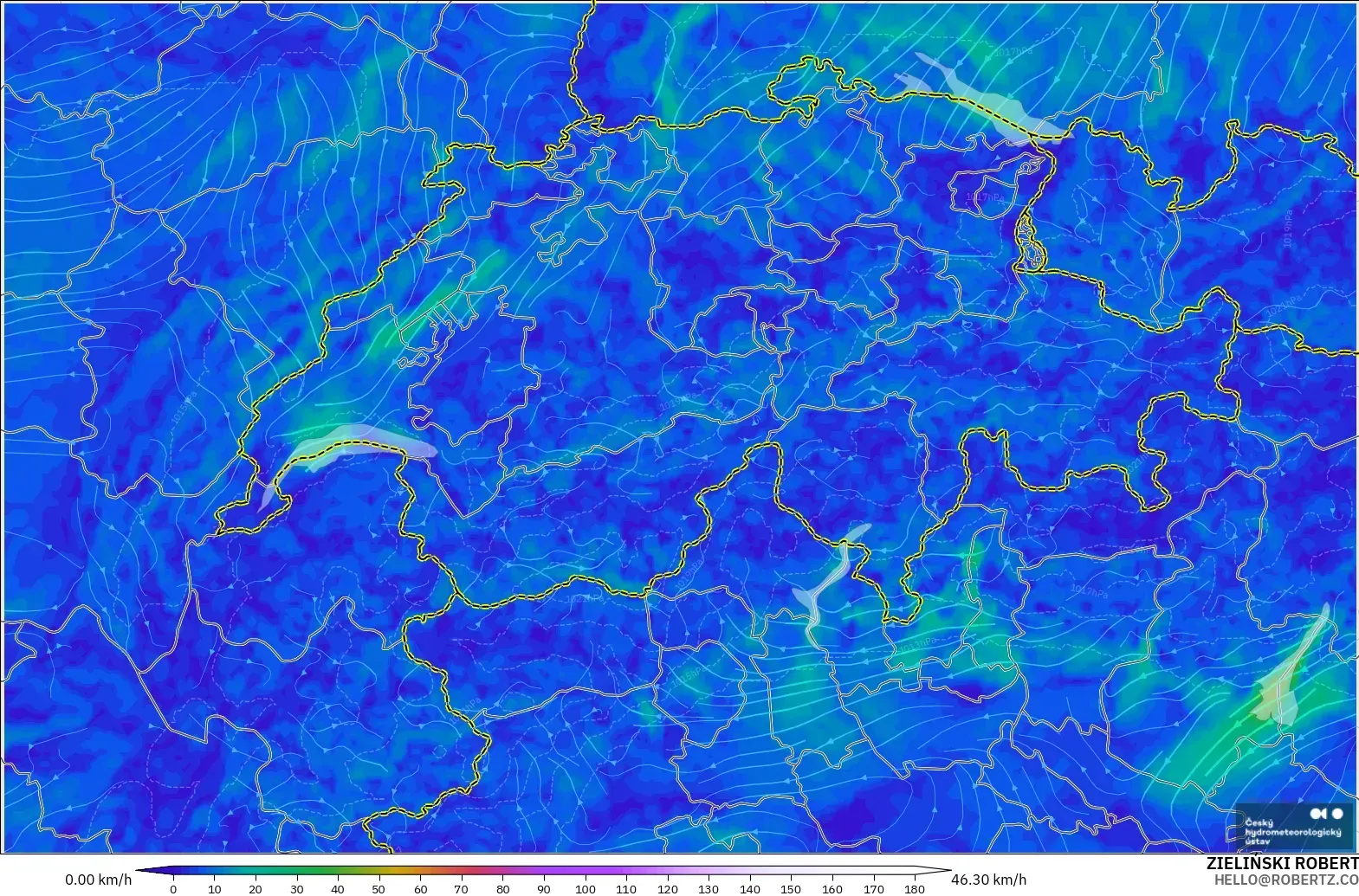 ALADIN CZ 2.3 km modelo - Suiza, Viento a 10 m