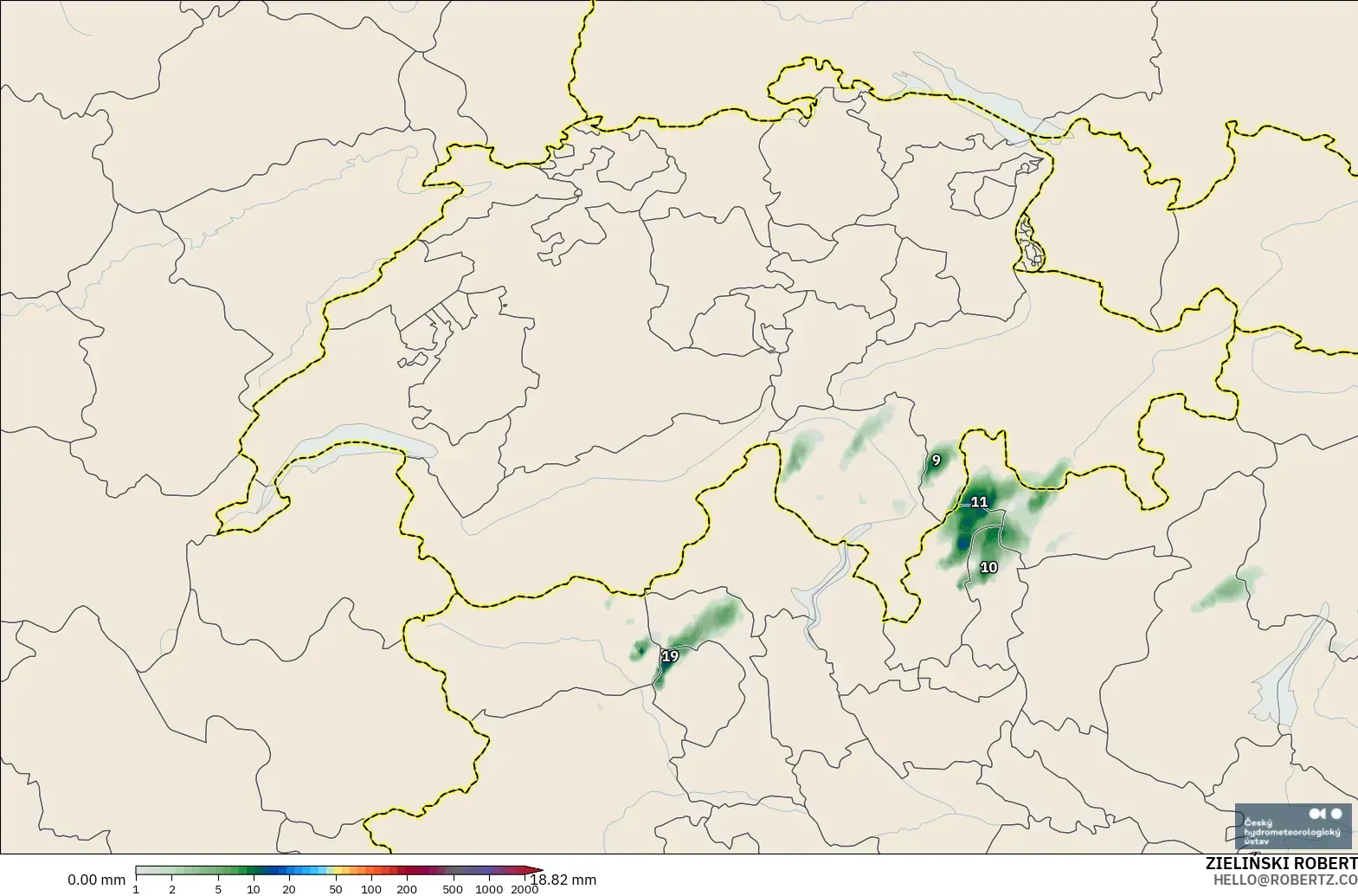 ALADIN CZ 2.3 km modelo - Suiza, Acumulación de precipitación