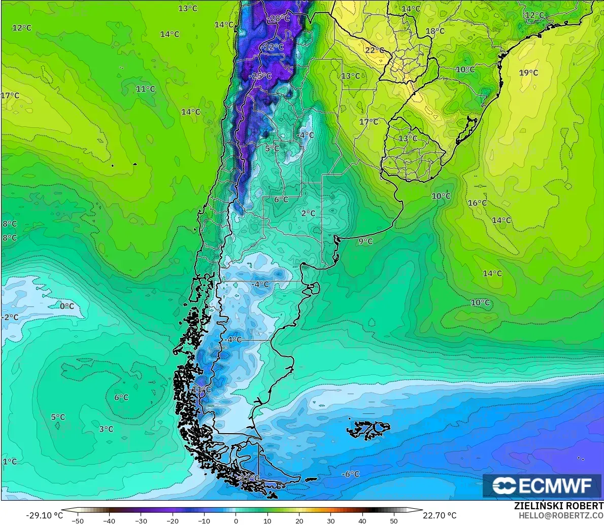 ECMWF IFS 0.25° modelo - Argentina, Punto de rocío a 2 m