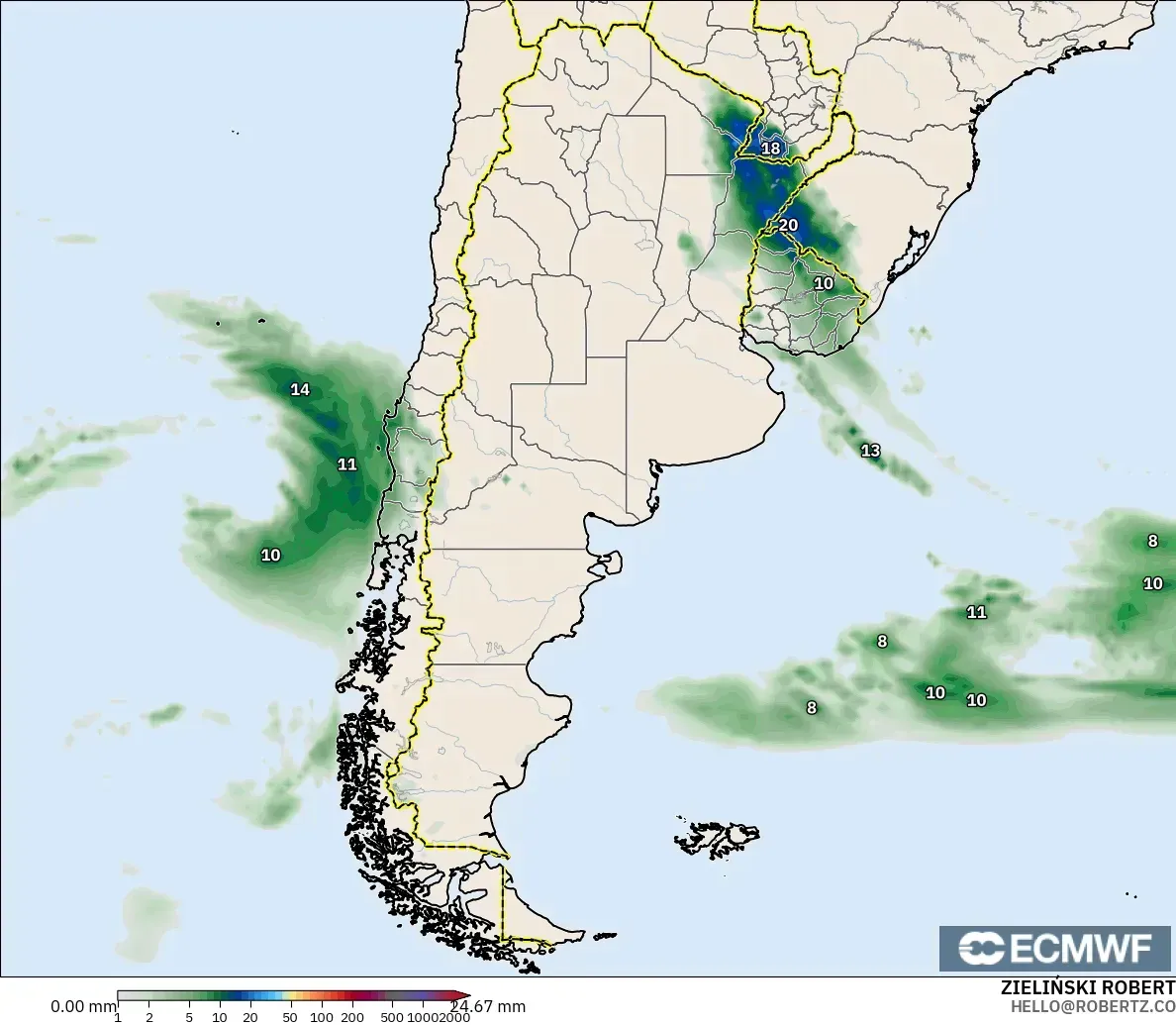 ECMWF IFS 0.25° modelo - Argentina, Acumulación de precipitación
