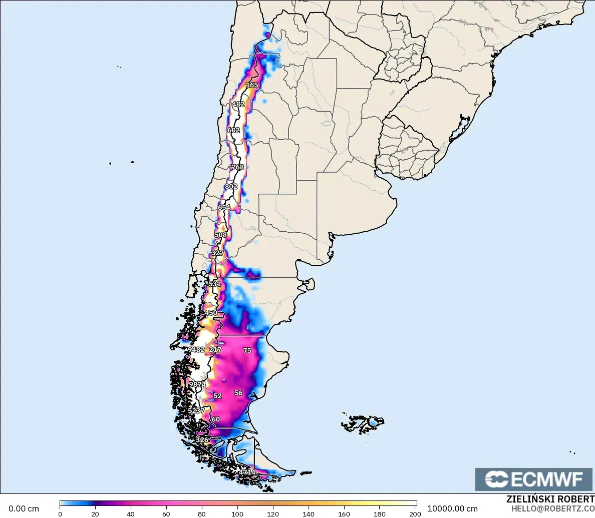 ECMWF IFS 0.25° modelo - Argentina, Profundidad de nieve