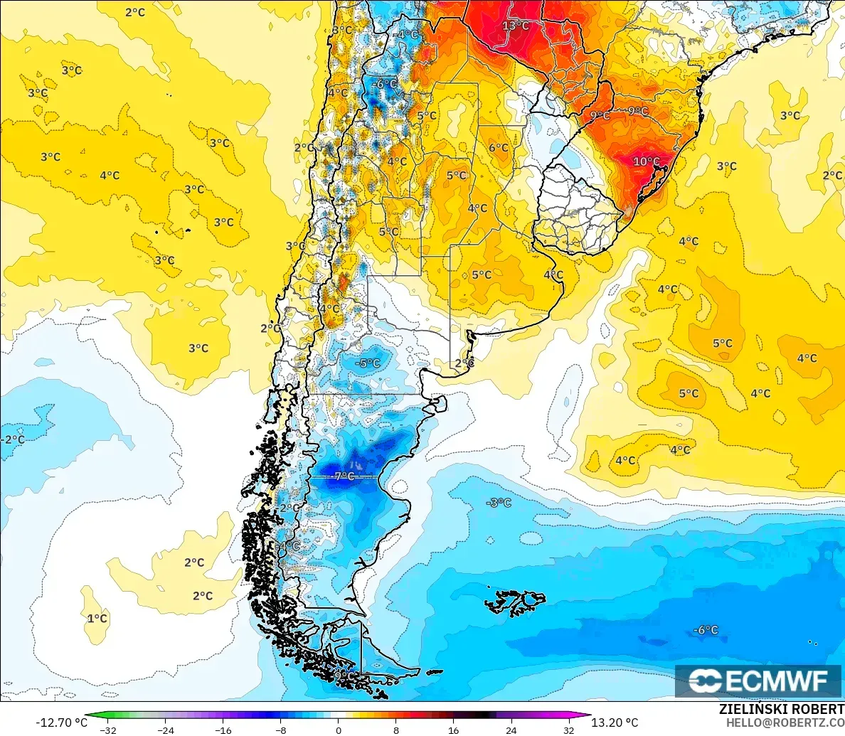 ECMWF IFS 0.25° modelo - Argentina, Anomalía de temperatura a 2 m
