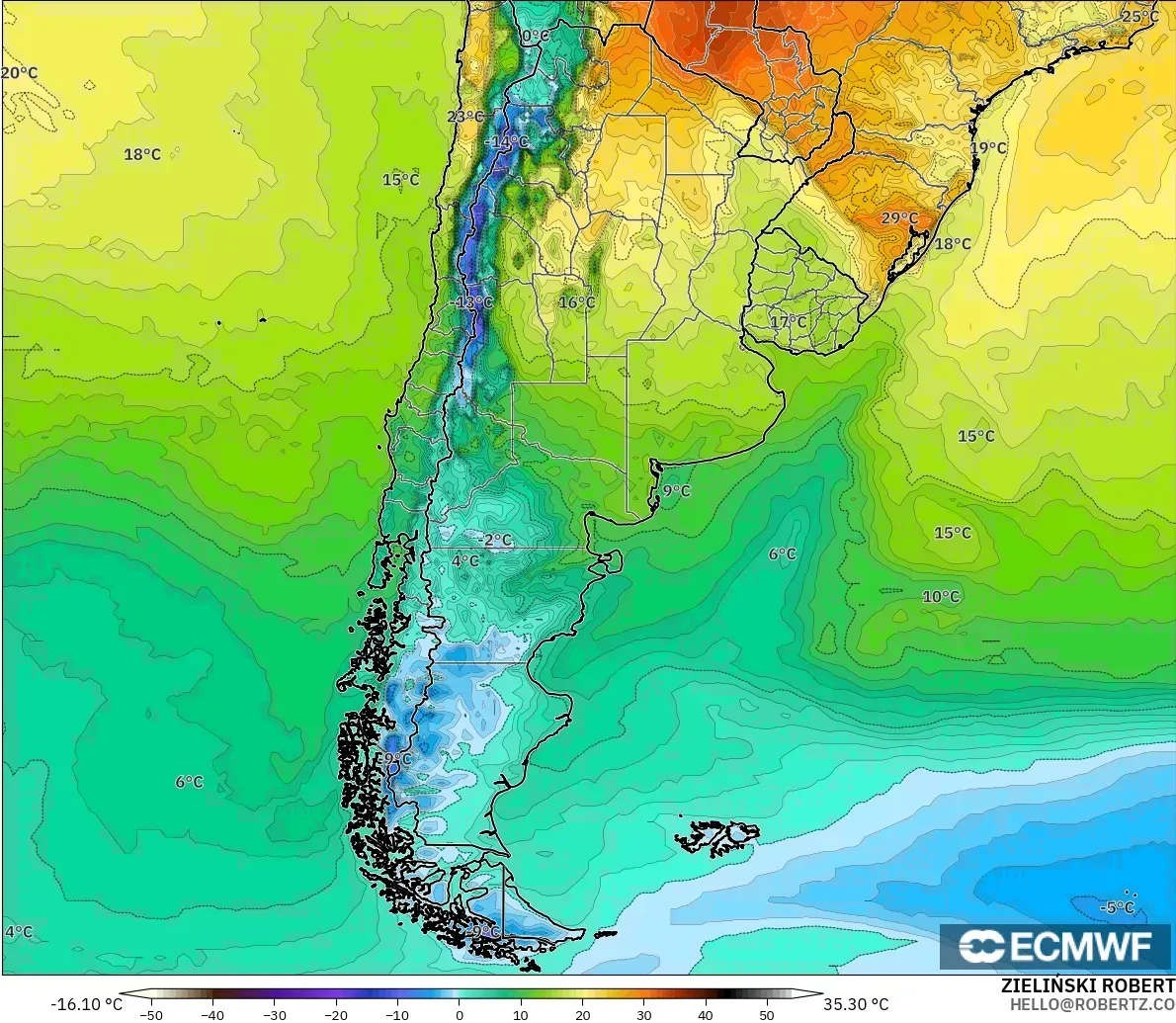 ECMWF IFS 0.25° modelo - Argentina, Temperatura a 2 m
