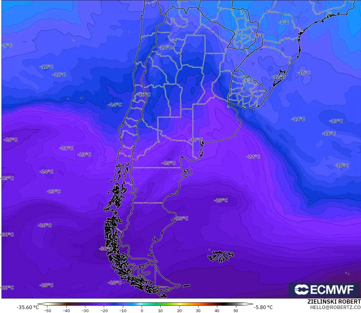 ECMWF IFS 0.25° modelo - Argentina, Temperatura a 500 hPa