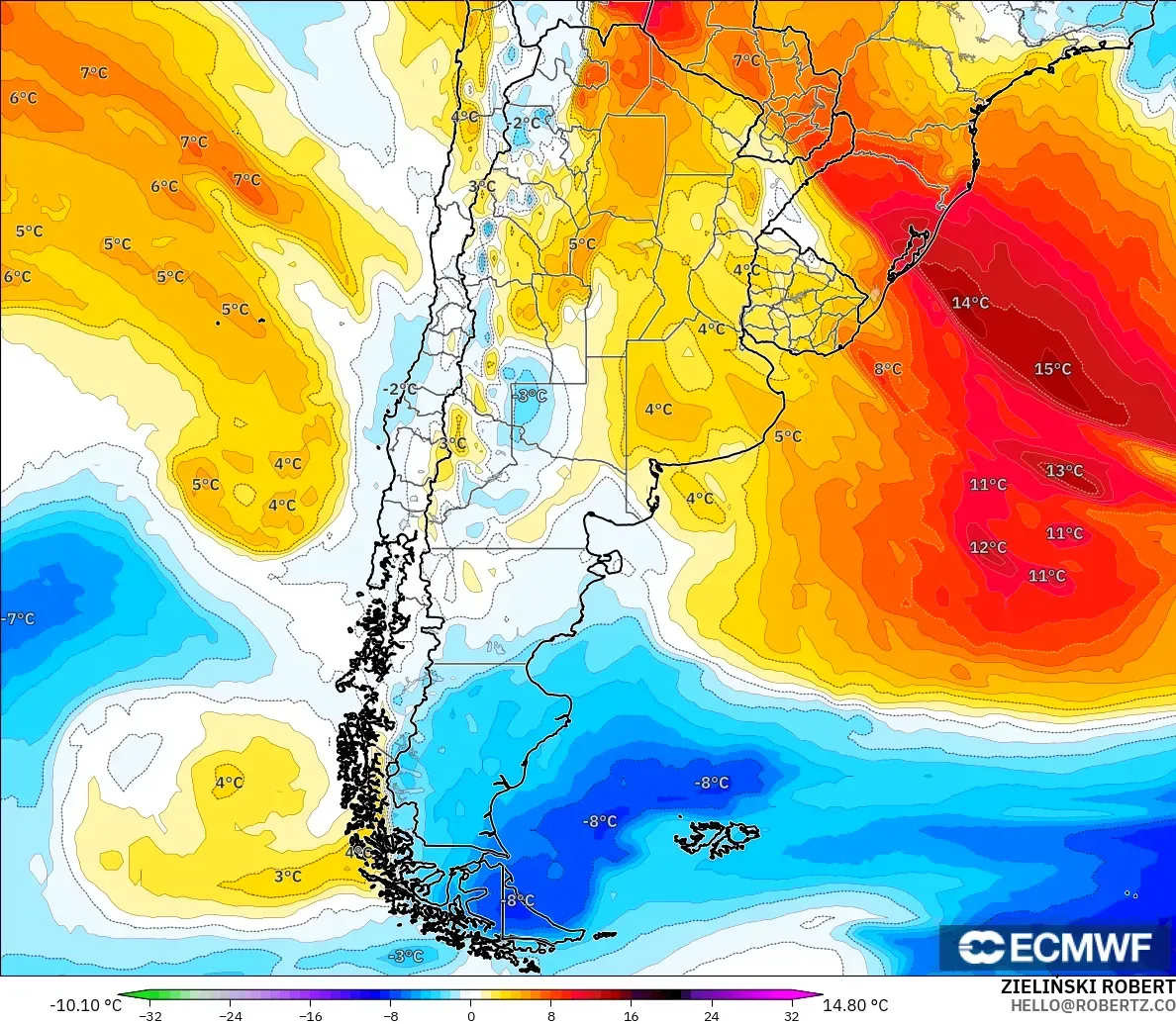 ECMWF IFS 0.25° modelo - Argentina, Anomalía de temperatura a 850 hPa