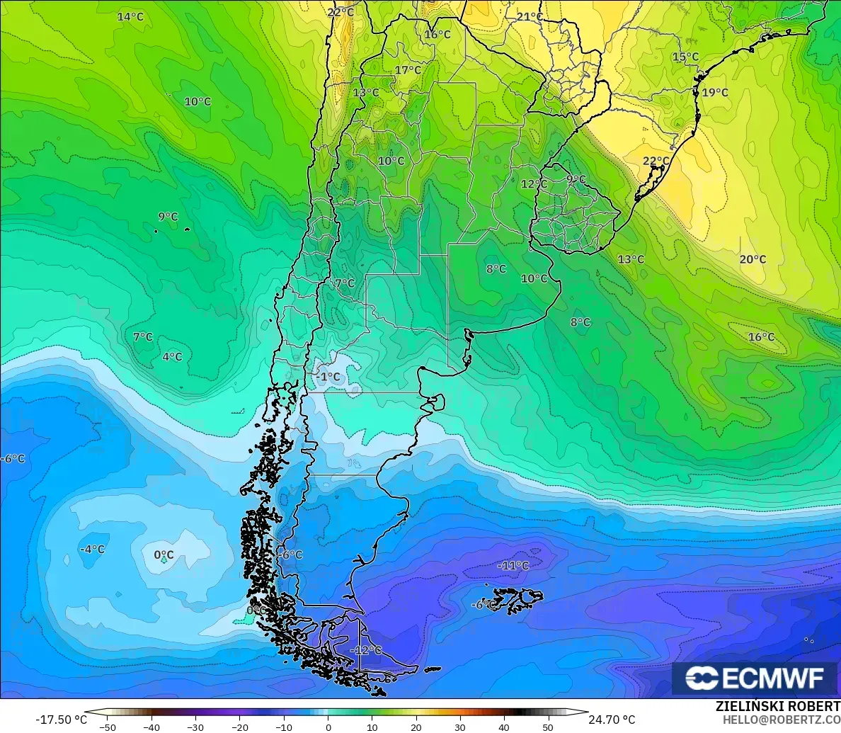 ECMWF IFS 0.25° modelo - Argentina, Temperatura a 850 hPa