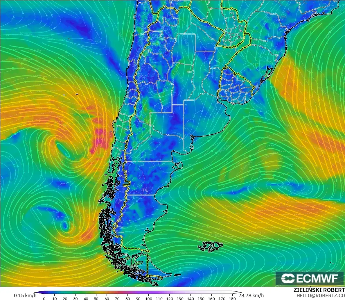 ECMWF IFS 0.25° modelo - Argentina, Viento a 10 m