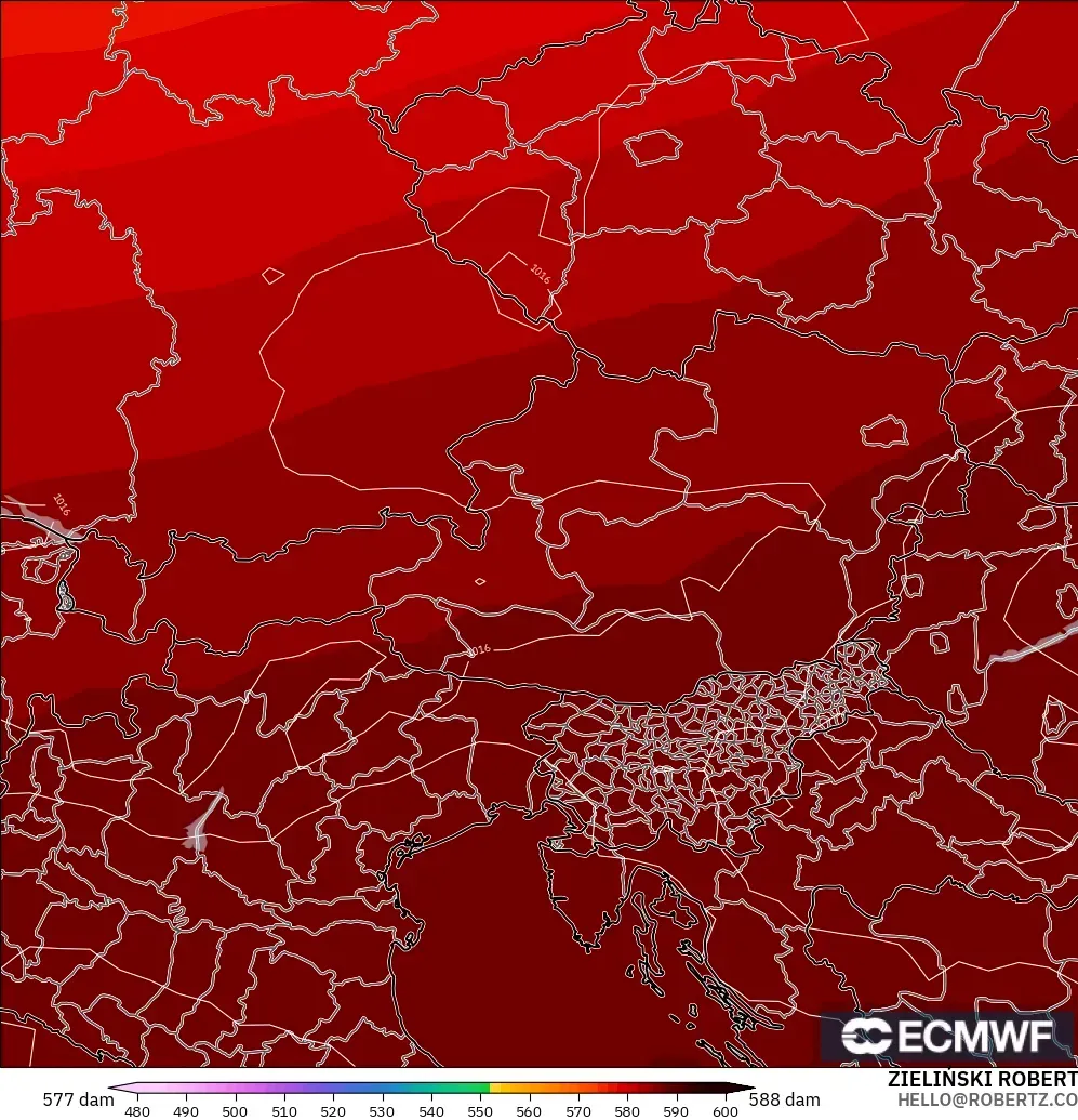 ECMWF IFS 0.25° modelo - Austria, Altura geopotencial a 500 hPa