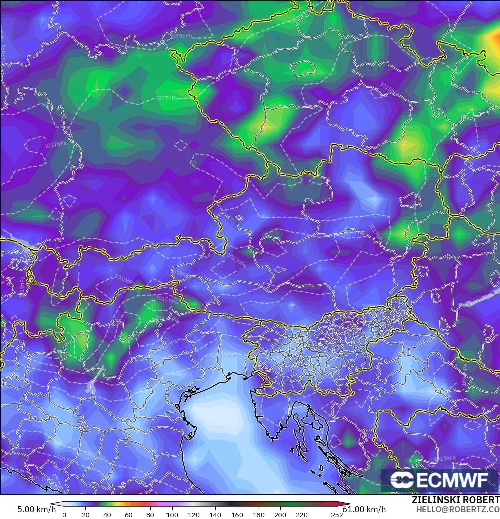 ECMWF IFS 0.25° modelo - Austria, Ráfagas de viento