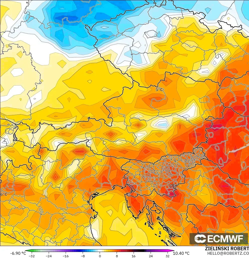 ECMWF IFS 0.25° modelo - Austria, Anomalía de temperatura a 2 m