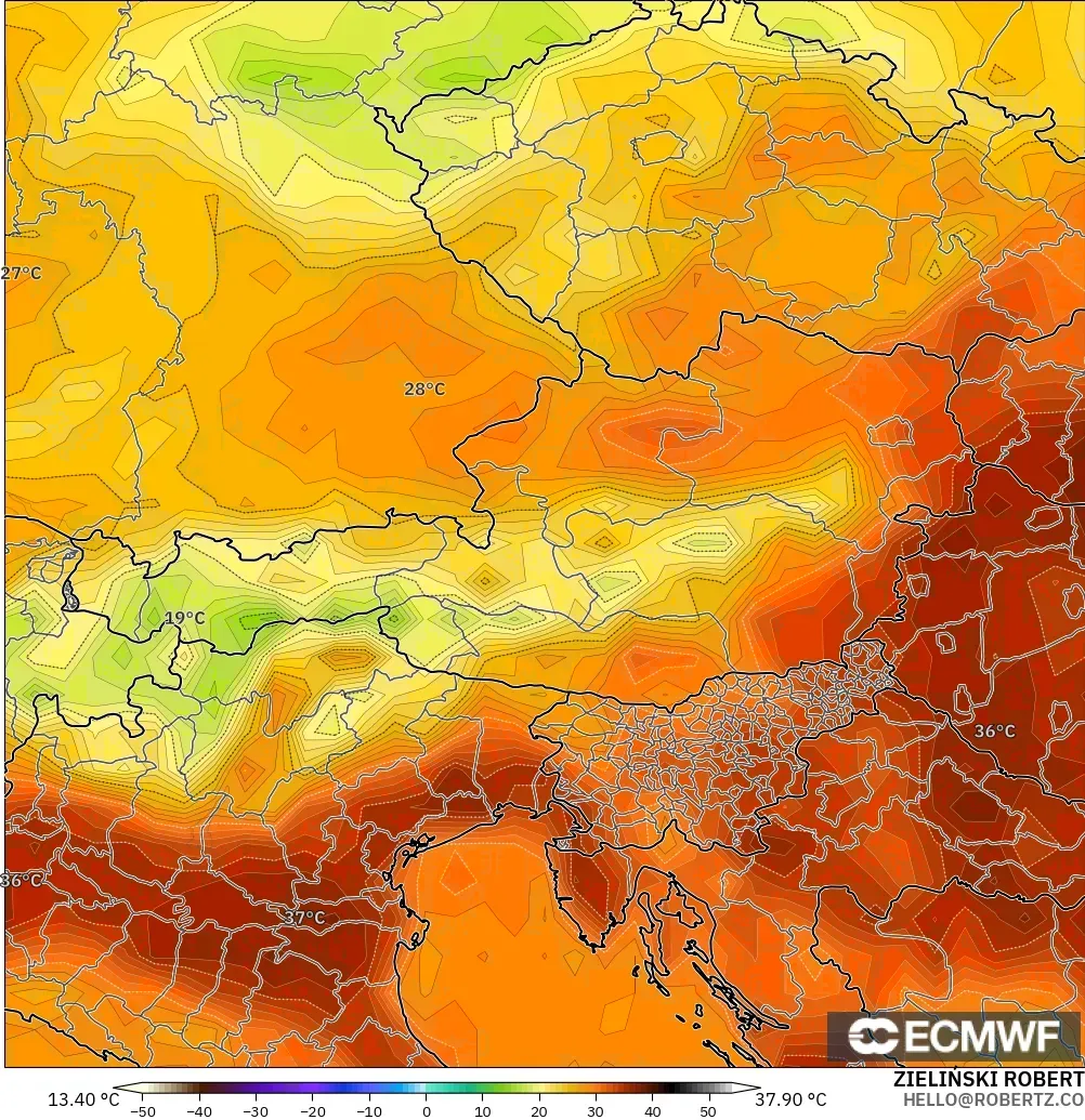 ECMWF IFS 0.25° modelo - Austria, Temperatura a 2 m