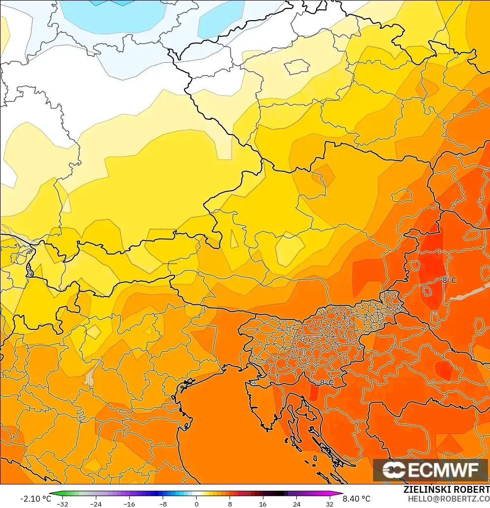 ECMWF IFS 0.25° modelo - Austria, Anomalía de temperatura a 850 hPa