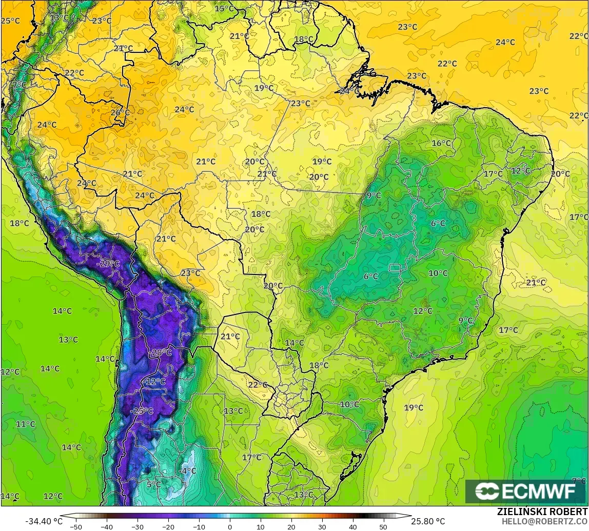ECMWF IFS 0.25° modelo - Brasil, Punto de rocío a 2 m
