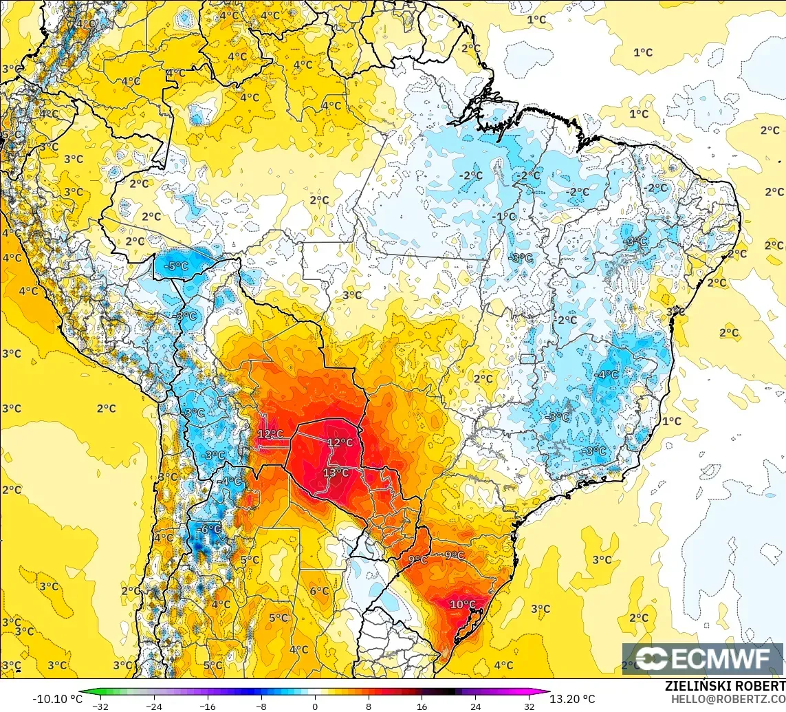 ECMWF IFS 0.25° modelo - Brasil, Anomalía de temperatura a 2 m
