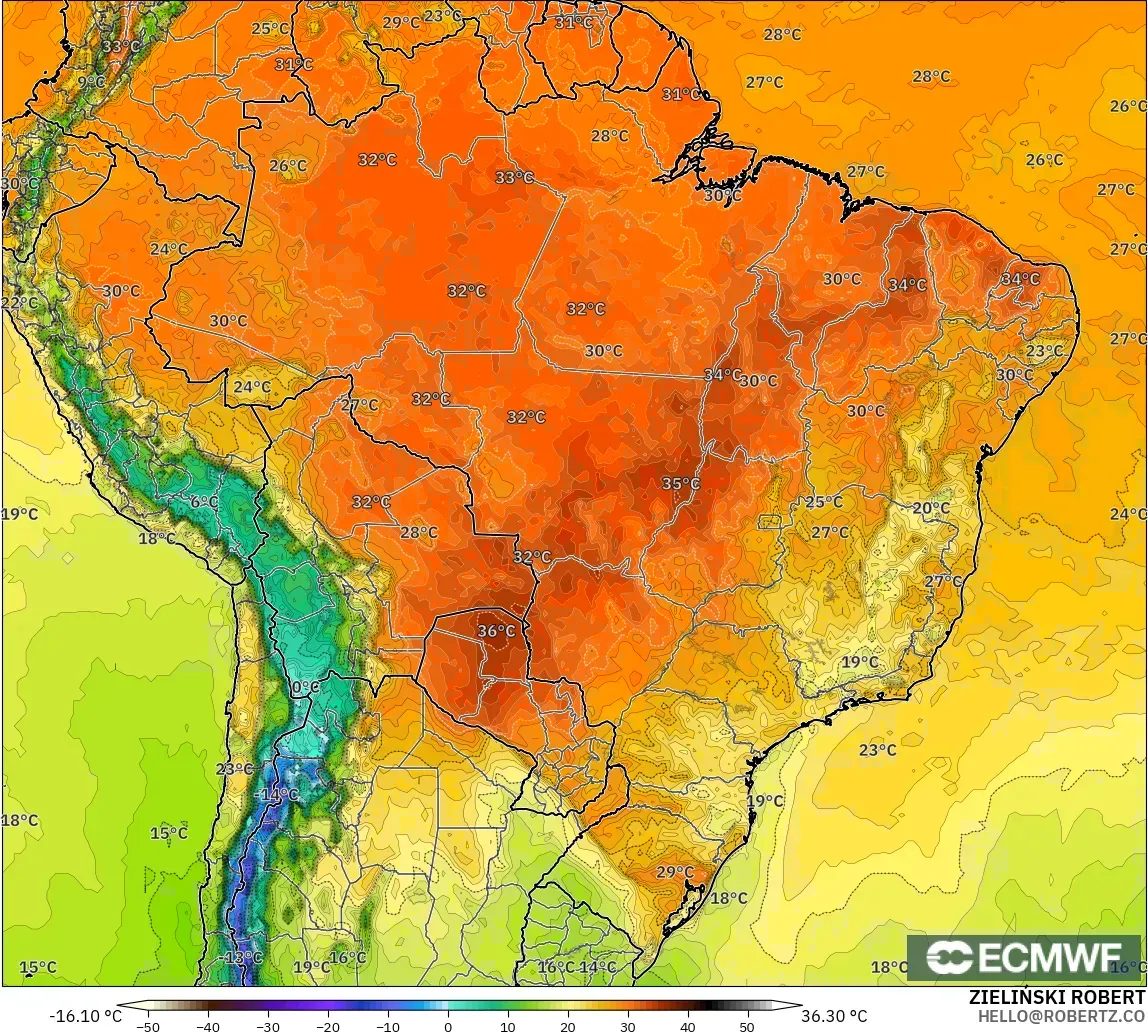 ECMWF IFS 0.25° modelo - Brasil, Temperatura a 2 m