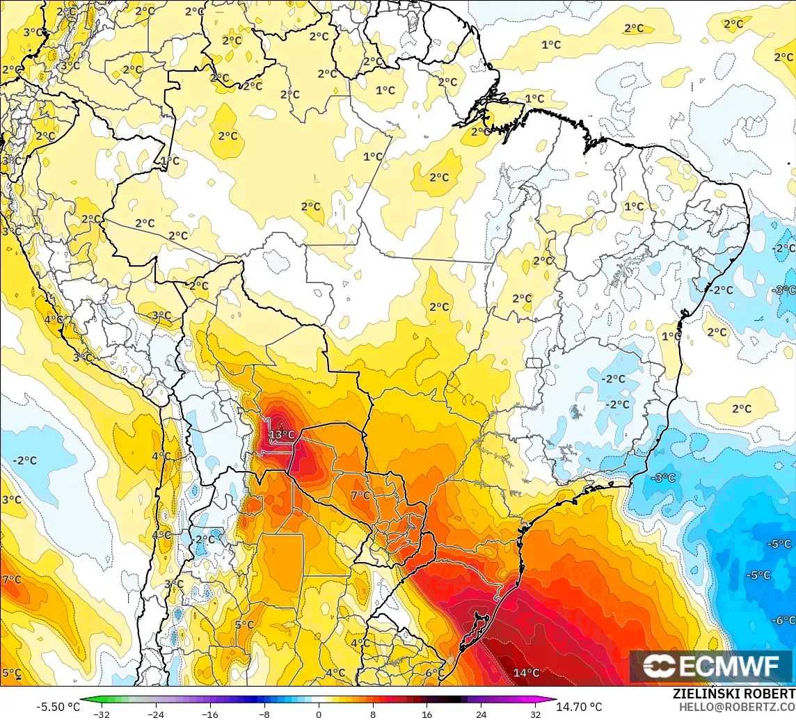 ECMWF IFS 0.25° modelo - Brasil, Anomalía de temperatura a 850 hPa