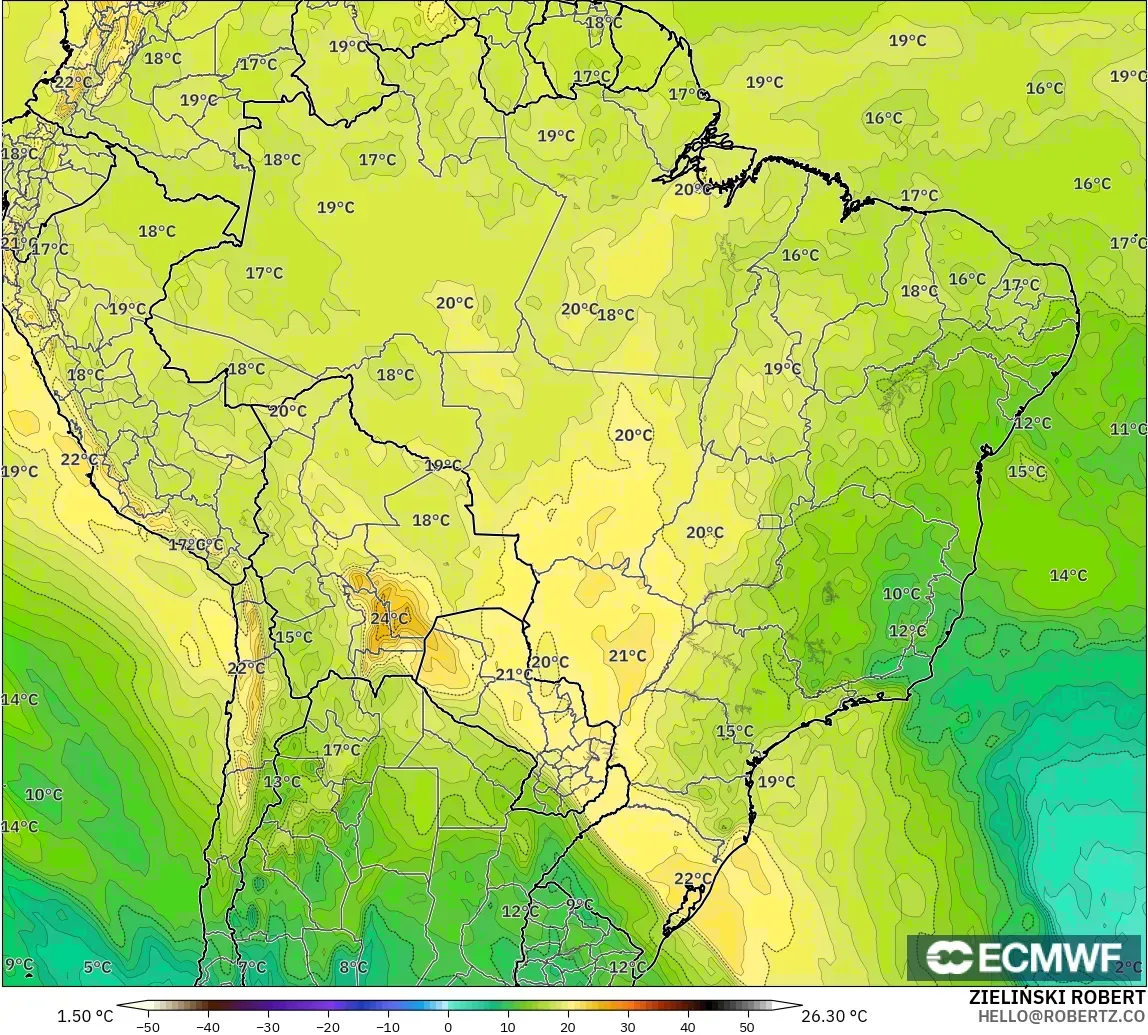 ECMWF IFS 0.25° modelo - Brasil, Temperatura a 850 hPa