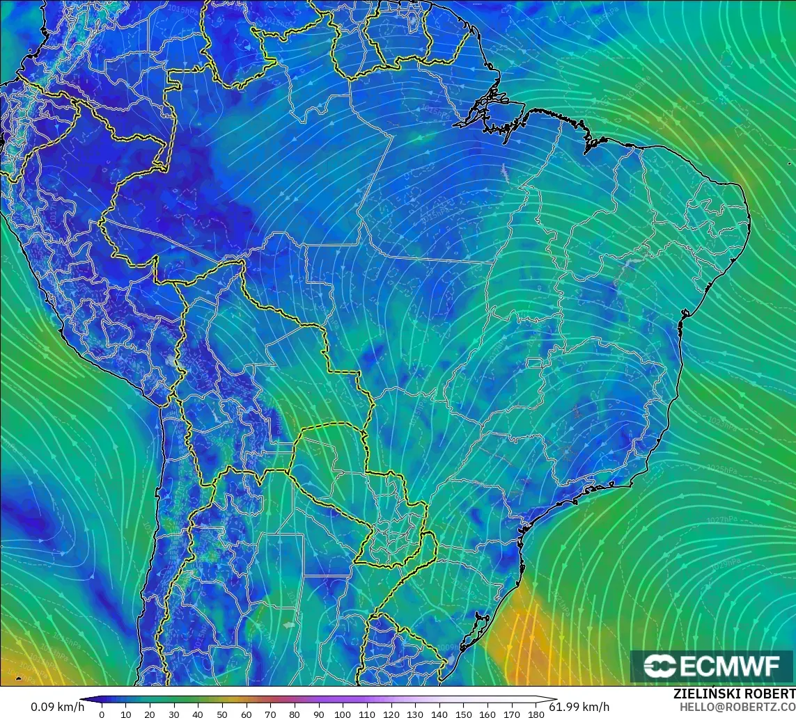 ECMWF IFS 0.25° modelo - Brasil, Viento a 10 m