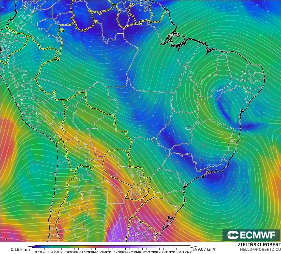 ECMWF IFS 0.25° modelo - Brasil, Viento a 300 hPa (corriente en chorro)