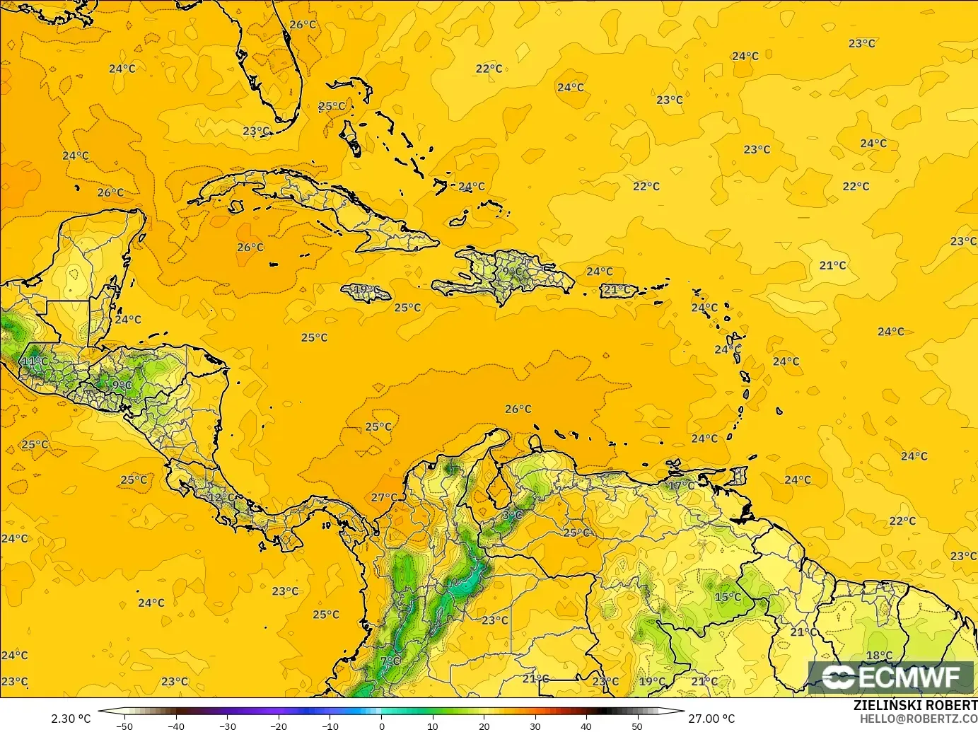 ECMWF IFS 0.25° modelo - Caribe, Punto de rocío a 2 m