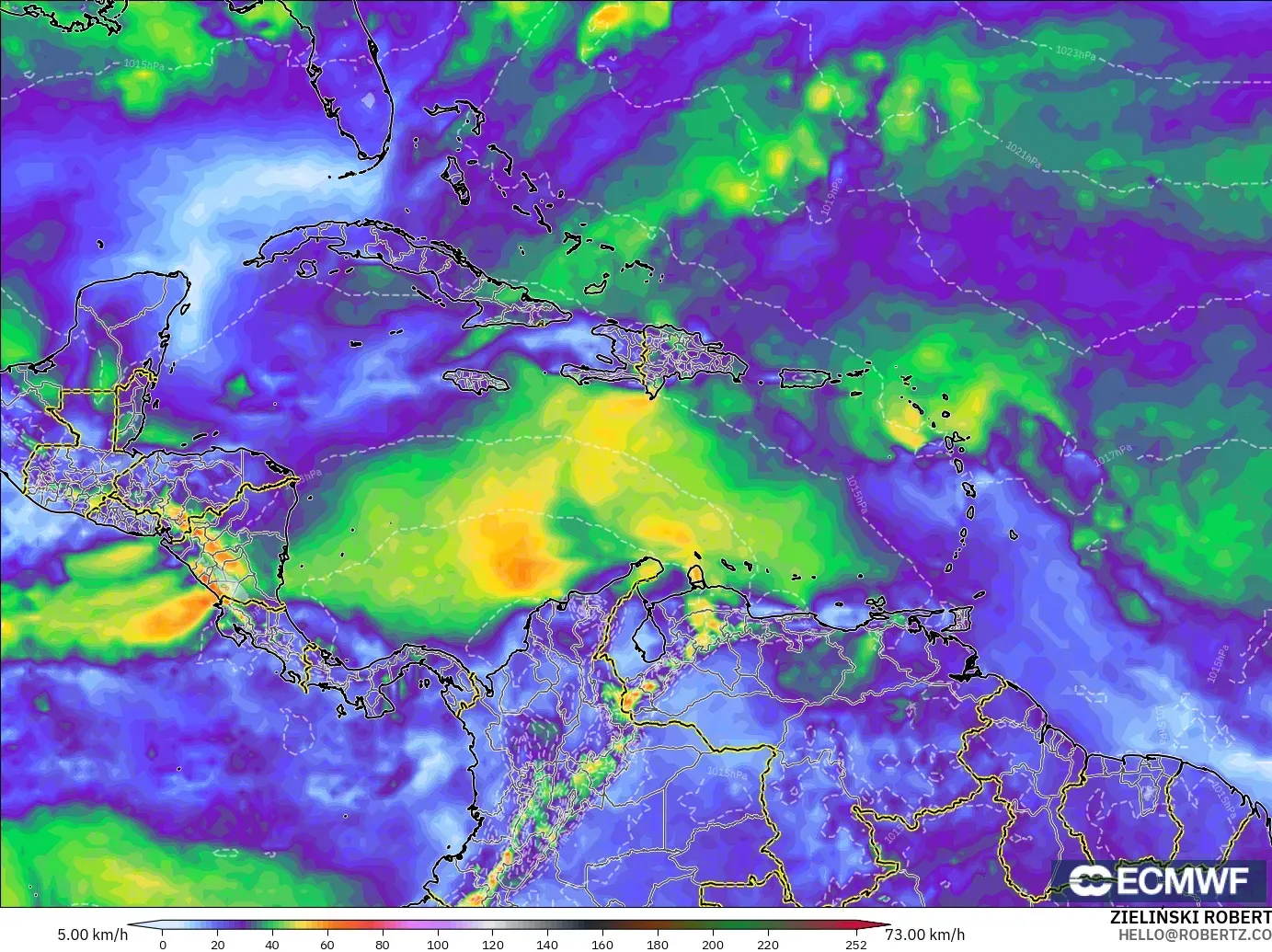 ECMWF IFS 0.25° modelo - Caribe, Ráfagas de viento