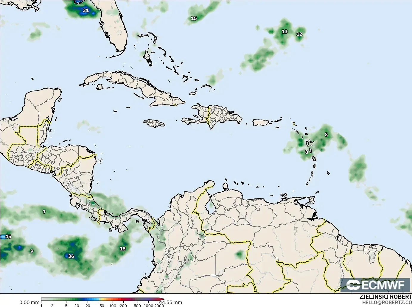 ECMWF IFS 0.25° modelo - Caribe, Acumulación de precipitación