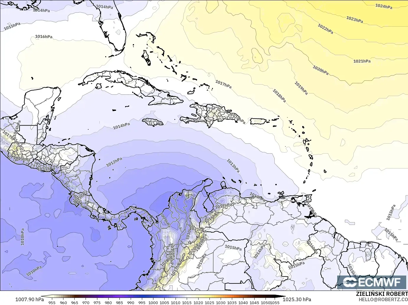 ECMWF IFS 0.25° modelo - Caribe, Presión