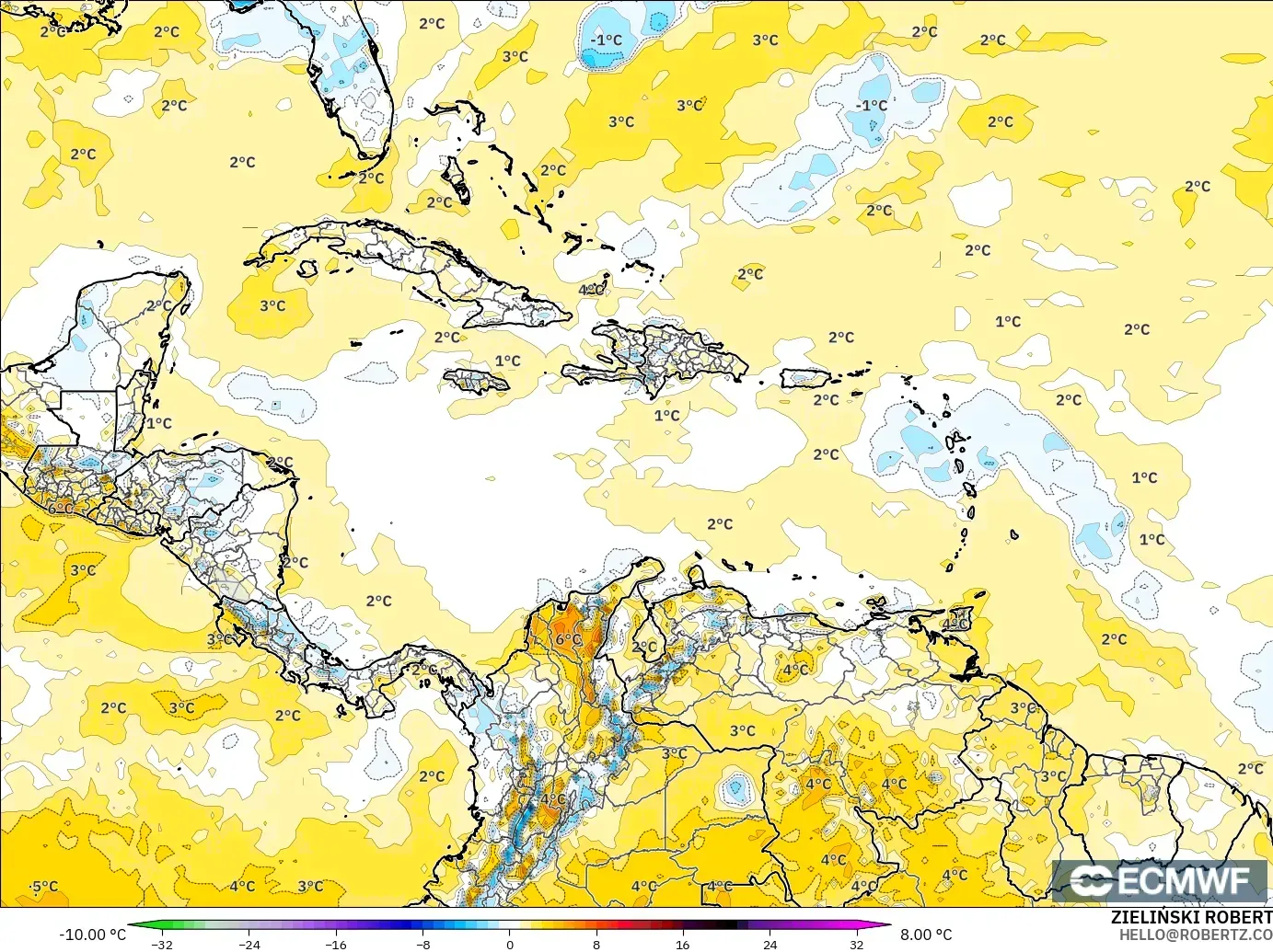 ECMWF IFS 0.25° modelo - Caribe, Anomalía de temperatura a 2 m