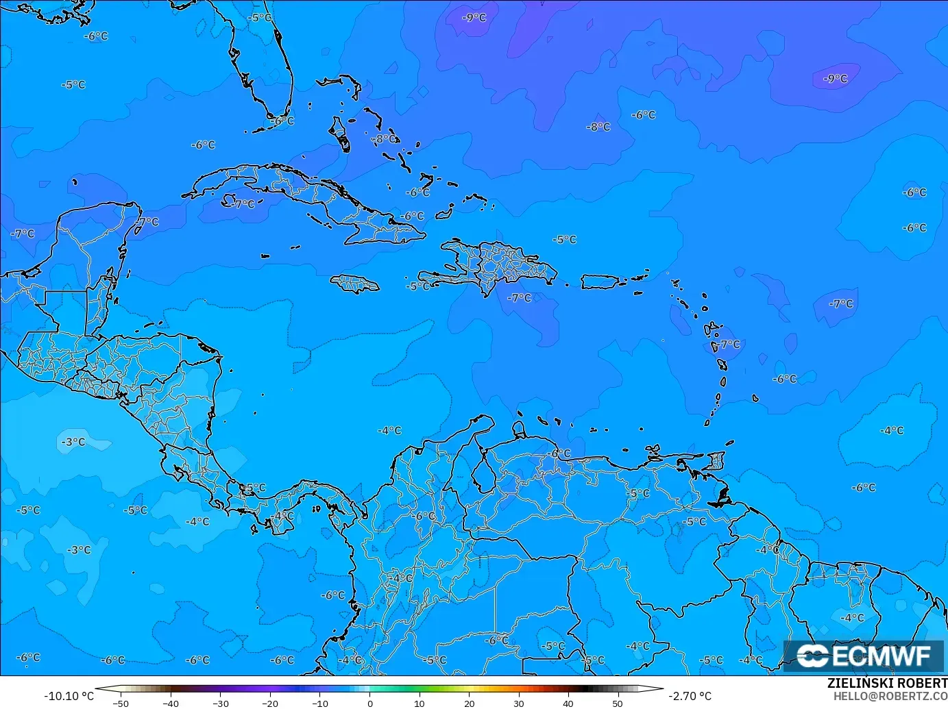 ECMWF IFS 0.25° modelo - Caribe, Temperatura a 500 hPa