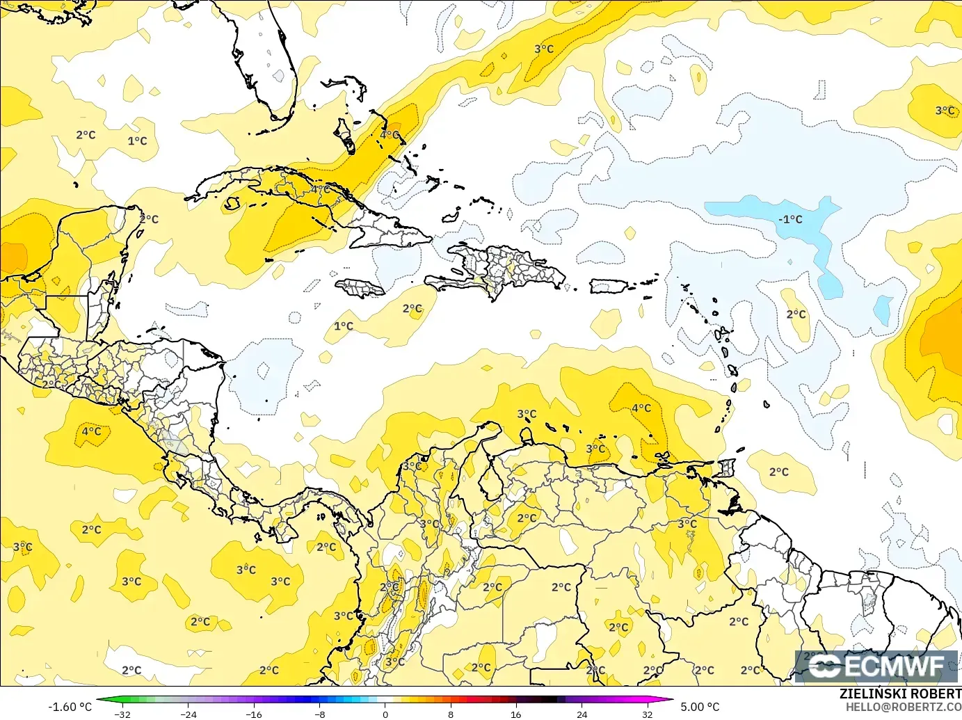 ECMWF IFS 0.25° modelo - Caribe, Anomalía de temperatura a 850 hPa