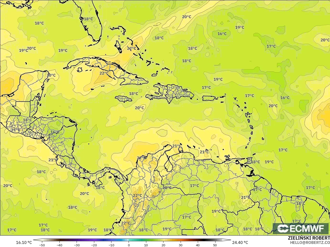 ECMWF IFS 0.25° modelo - Caribe, Temperatura a 850 hPa