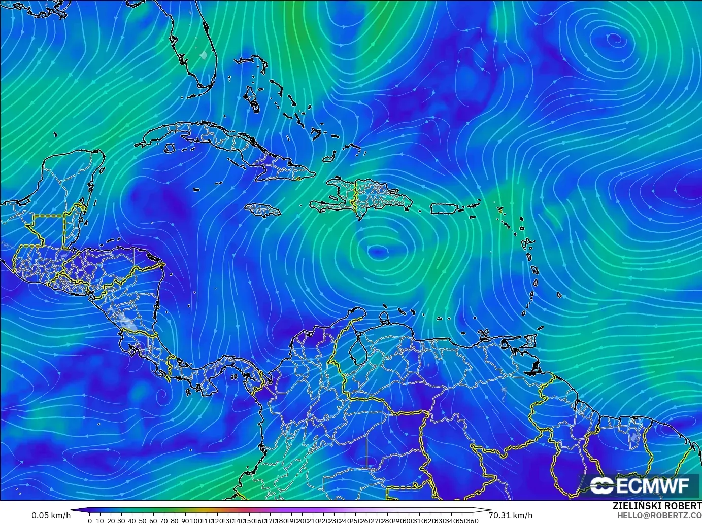 ECMWF IFS 0.25° modelo - Caribe, Viento a 300 hPa (corriente en chorro)