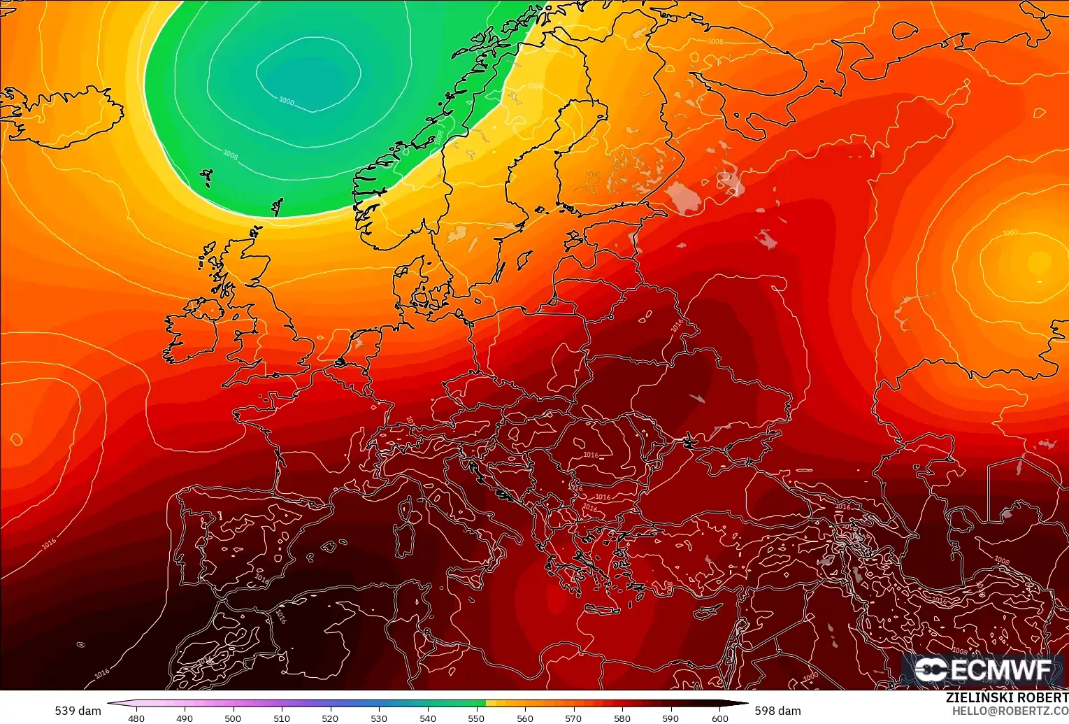 ECMWF IFS 0.25° modelo - Europa, Altura geopotencial a 500 hPa