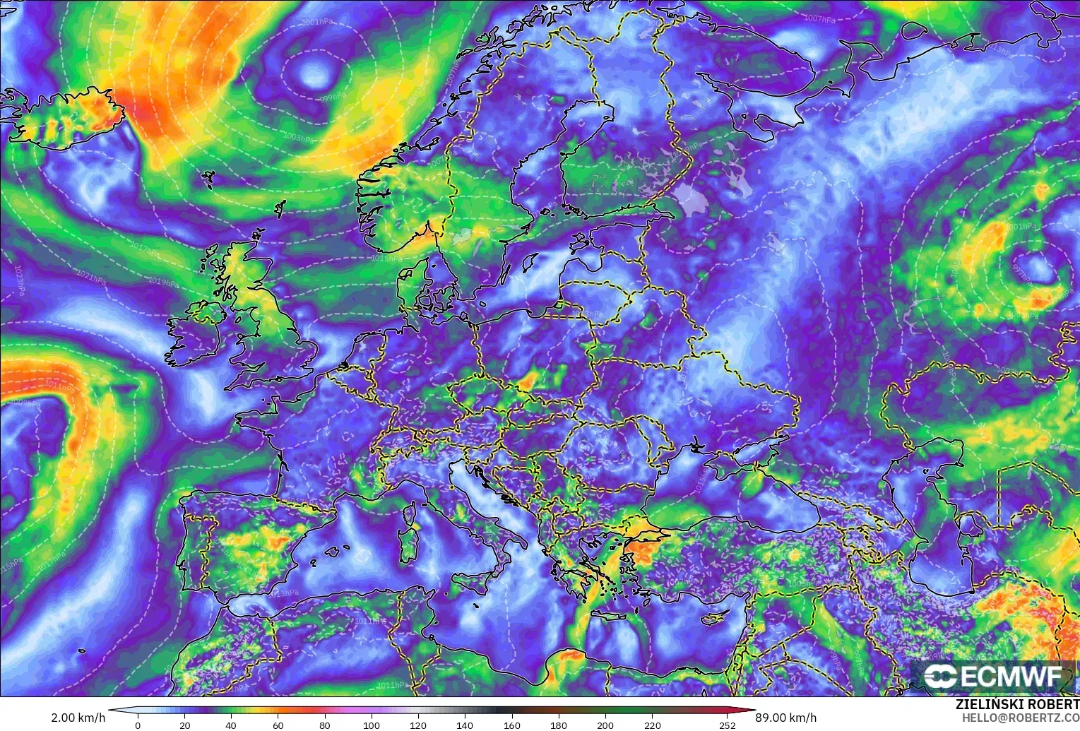 ECMWF IFS 0.25° modelo - Europa, Ráfagas de Viento Máximas