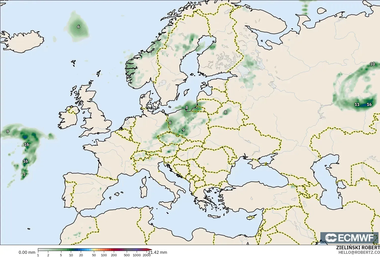 ECMWF IFS 0.25° modelo - Europa, Acumulación de precipitación