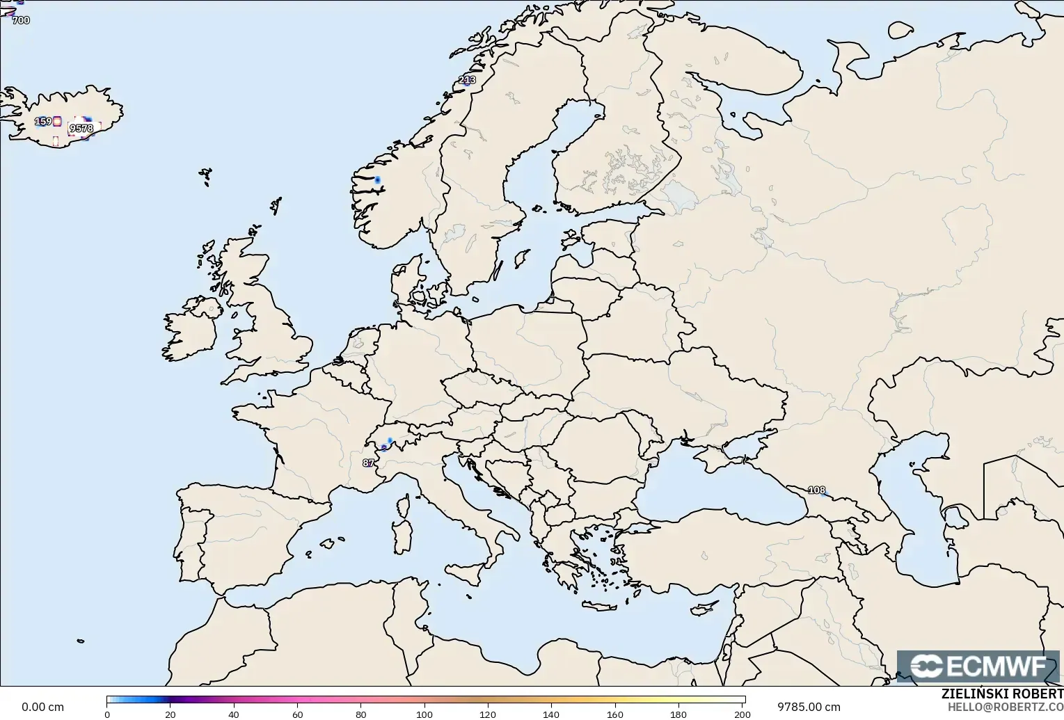 ECMWF IFS 0.25° modelo - Europa, Profundidad de nieve