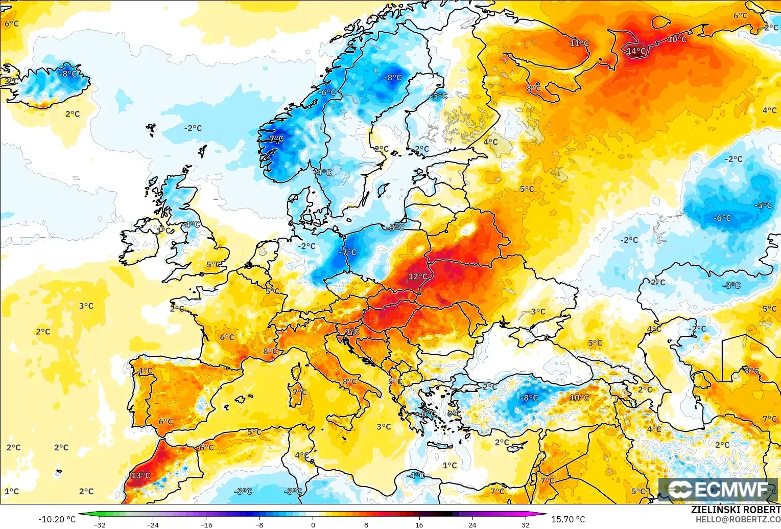 ECMWF IFS 0.25° modelo - Europa, Anomalía de temperatura a 2 m