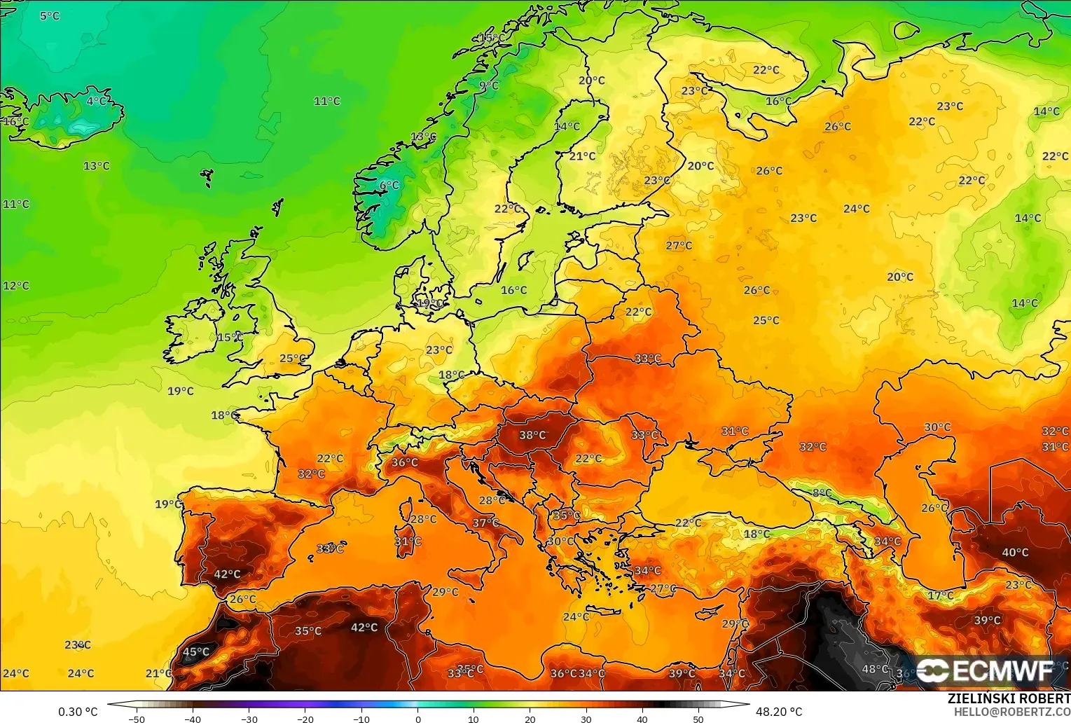 ECMWF IFS 0.25° modelo - Europa, Temperatura a 2 m
