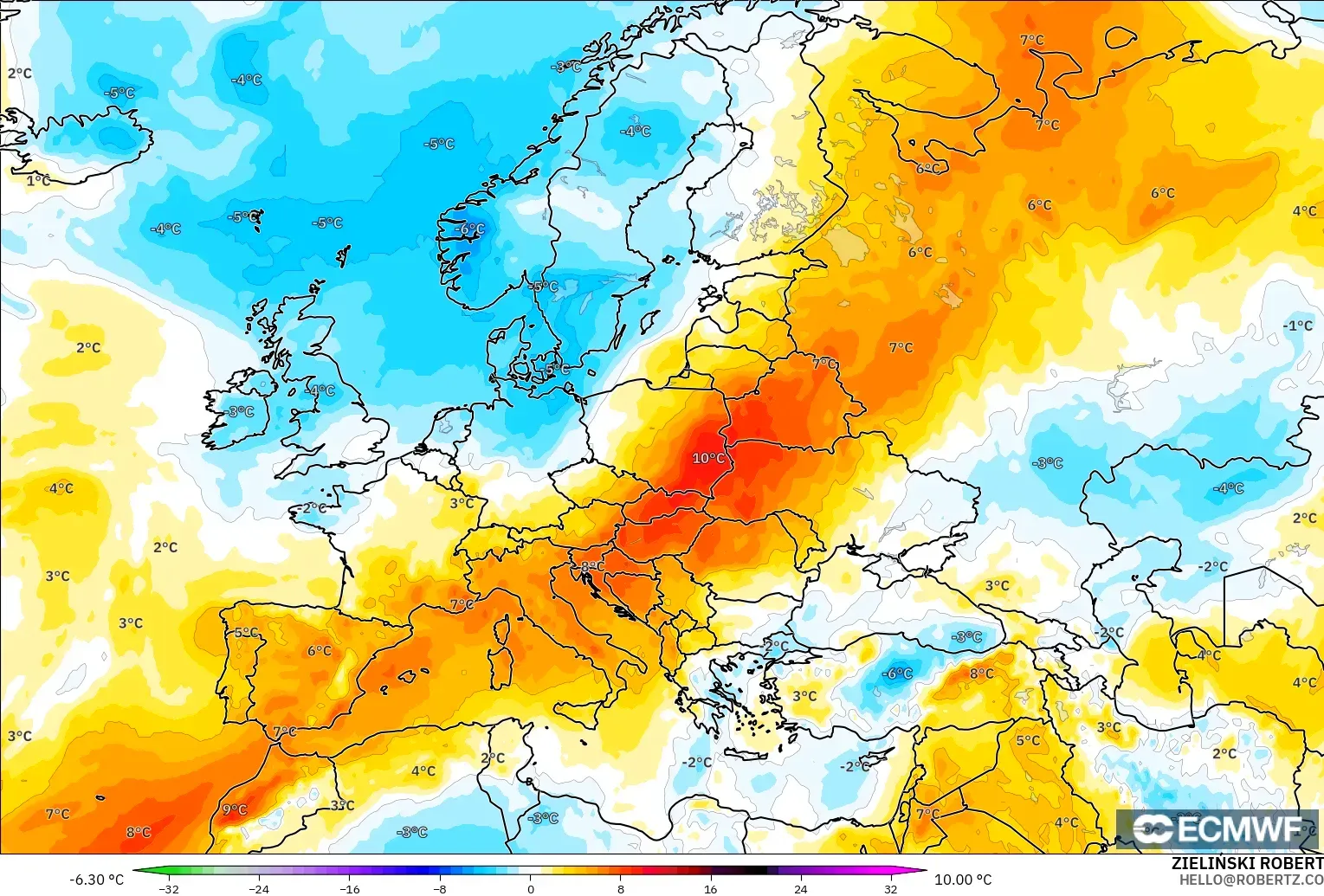 ECMWF IFS 0.25° modelo - Europa, Anomalía de temperatura a 850 hPa