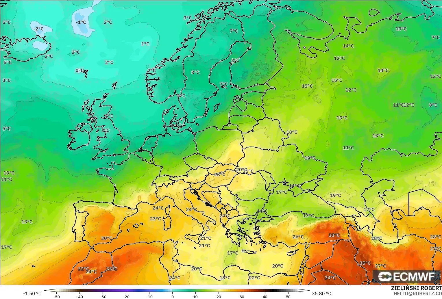 ECMWF IFS 0.25° modelo - Europa, Temperatura a 850 hPa