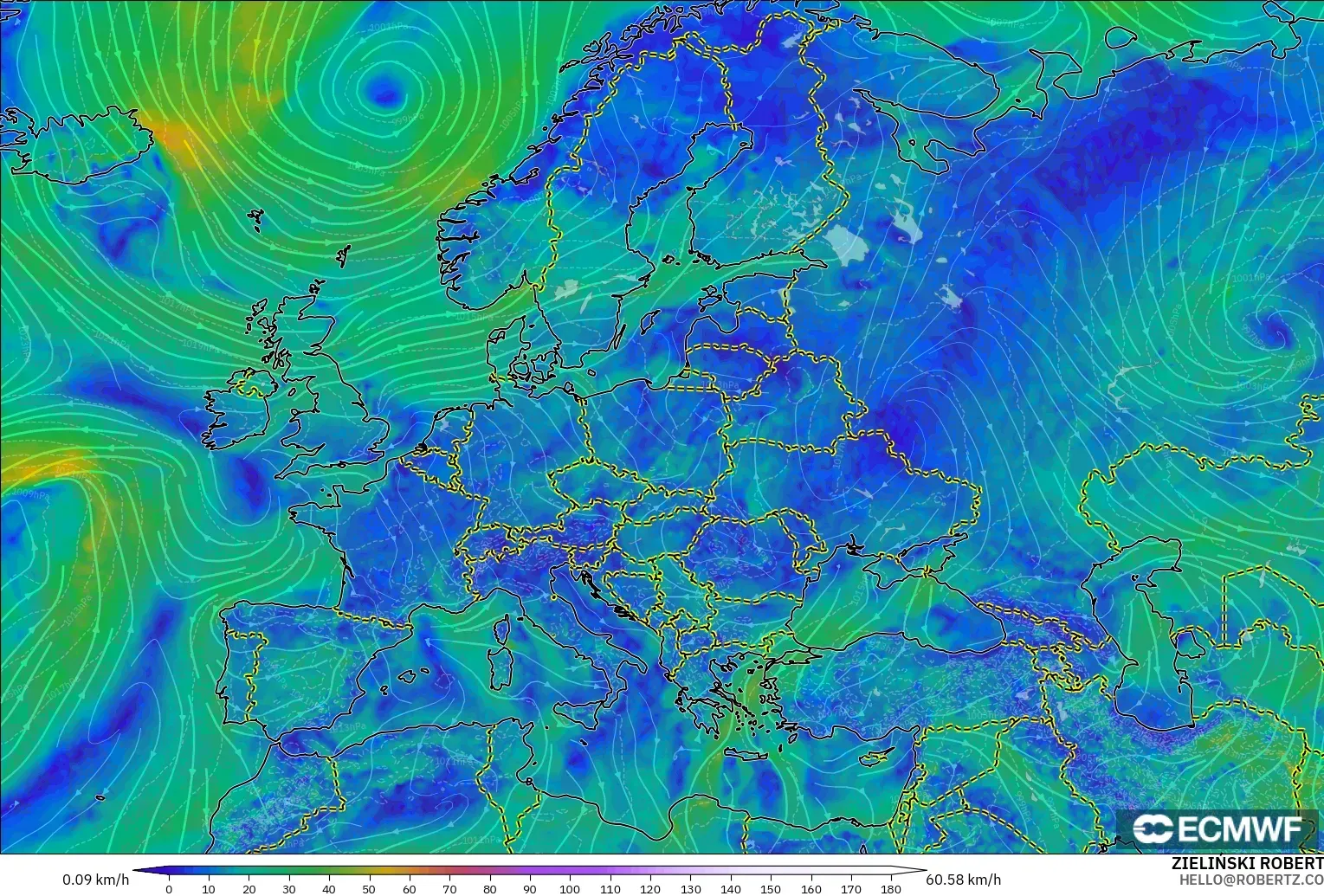 ECMWF IFS 0.25° modelo - Europa, Viento a 10 m