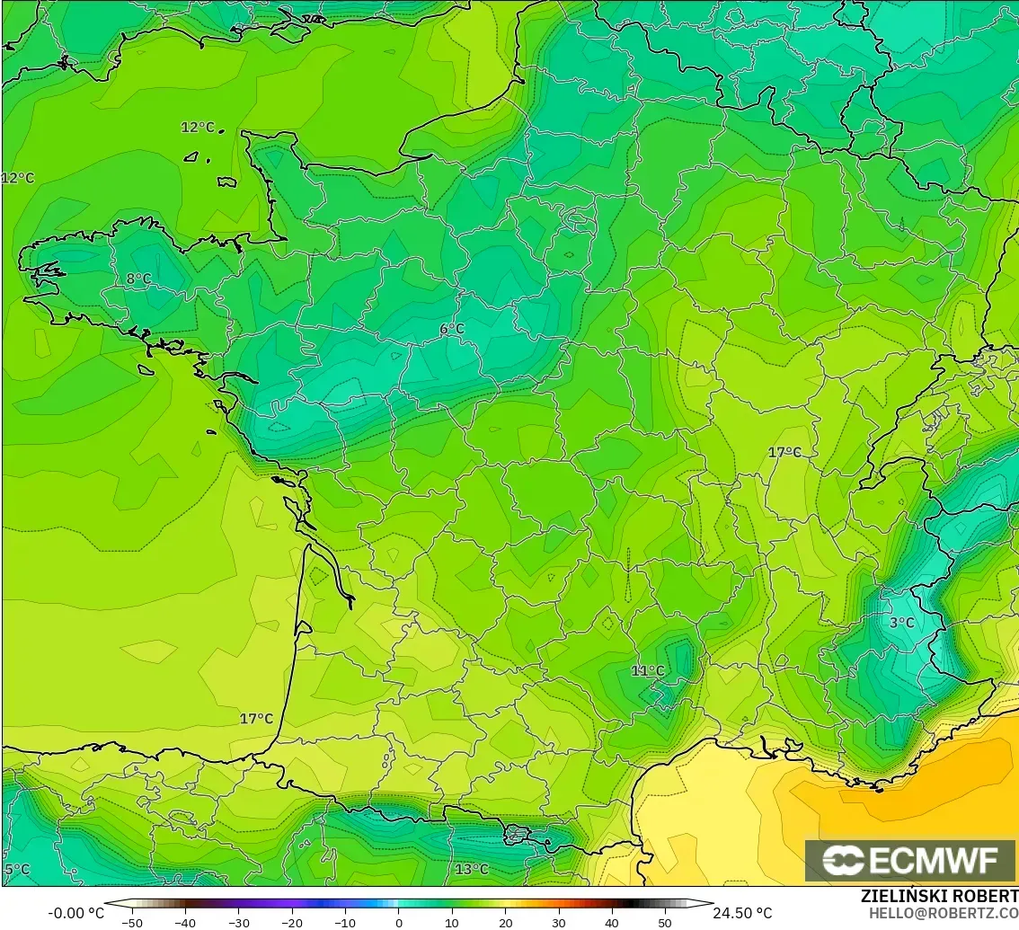 ECMWF IFS 0.25° modelo - Francia, Punto de rocío a 2 m