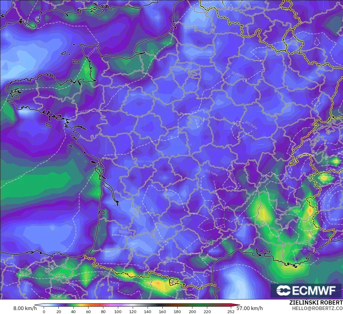 ECMWF IFS 0.25° modelo - Francia, Ráfagas de viento