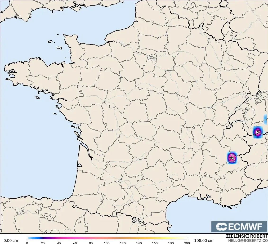 ECMWF IFS 0.25° modelo - Francia, Profundidad de nieve